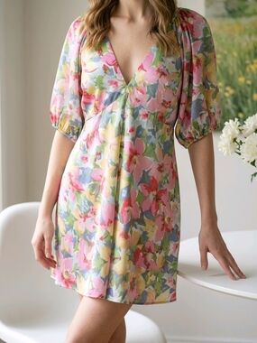 Lucy Paris Floral V-Neck Mini Dress in Pastel Pink, Yellow & Blue